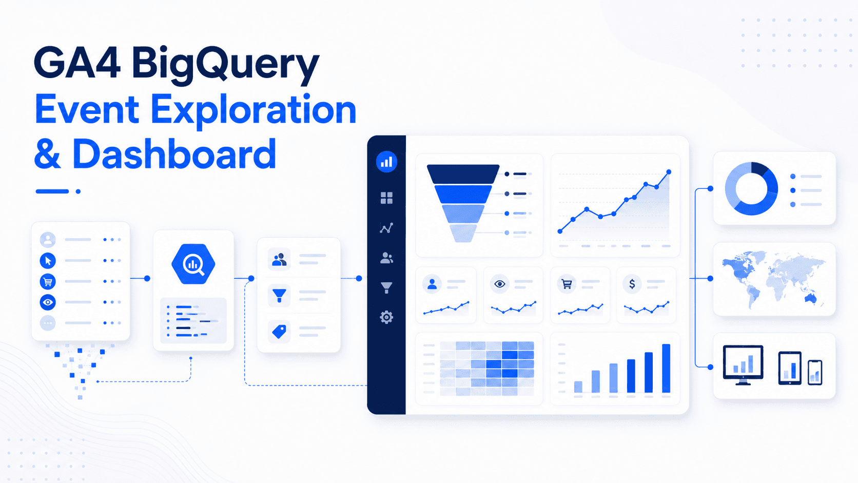 Illustration showing GA4 event data flowing through BigQuery analysis into an ecommerce analytics dashboard.